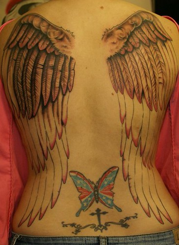 Angel wing backpiece tattoo