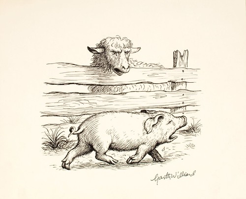 black ink sketch of trotting baby pig next to talking sheep