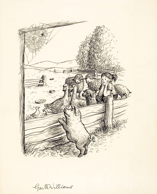 drawing of piglet leaning on fence with farm animals and girl on other side