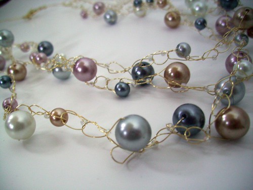 Crochet "Multicolor Pearls" Necklace w/Gold Wire & Clasp