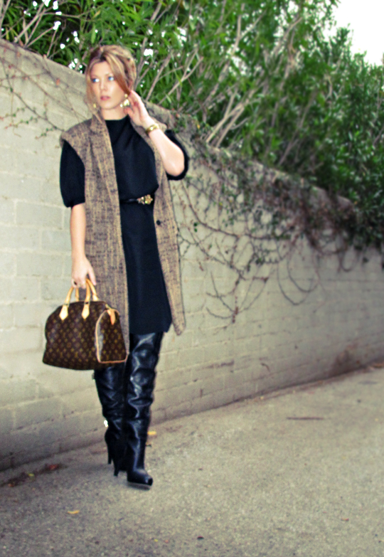 sleeveless coat with over the knee boots and vintage black dress+gold accessories