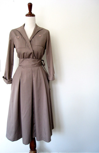 Cotton Taupe Wrap Bodice Dress, Vintage 70's