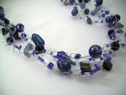 Crochet "Blues" Becklace w/Silver Wire & Clasp