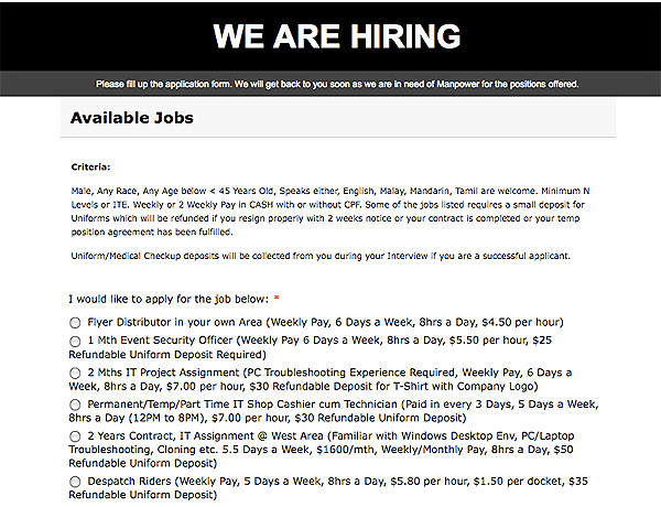 Screen grab of the cached file of a scam job site - http://jobs.sg-singapore.com/ (deleted)