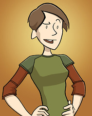 A cartoon self-portrait of Danielle Corsetto, a thin white woman with short brown hair.