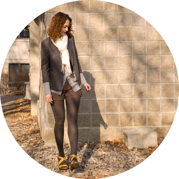 sandals with tights wedges yellow shorts blazer cardigan scarved gray curls dash dot dotty fashion blo