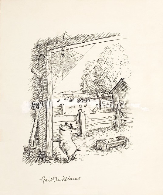 ink drawing of happy pig jumping against barn with spider and web above