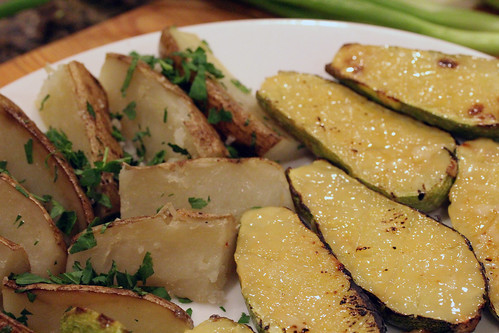 Confit potatoes and miso-glazed calabasitas