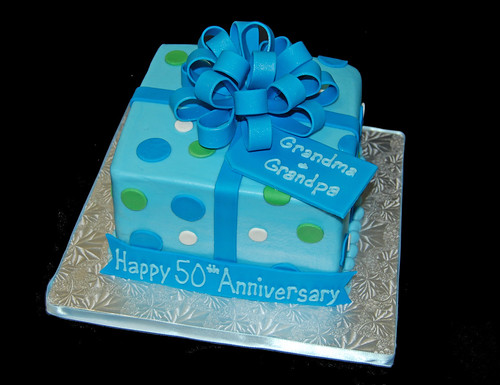 50th anniversary package cake Blue package cake with blue green and white 