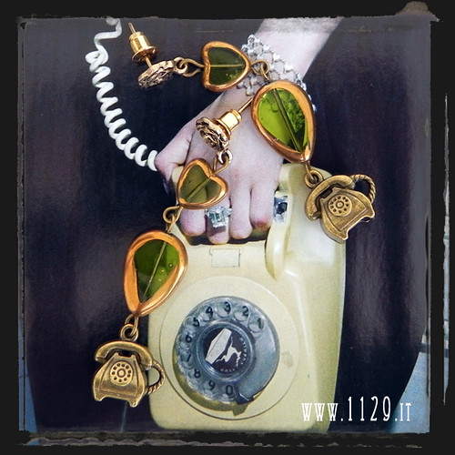 LMTELE orecchini telefono bronzo verdi  bronze vintage telephone green earrings 1129