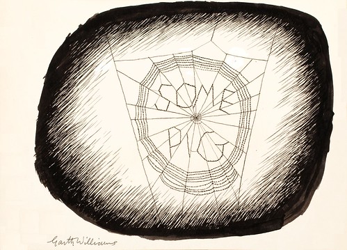 drawing of wood block with 'some pig' written on it in spider's web