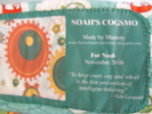 Label for Noah's Cogsmo Quilt