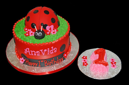 red and black lady bug cake with pink accents - first birthday