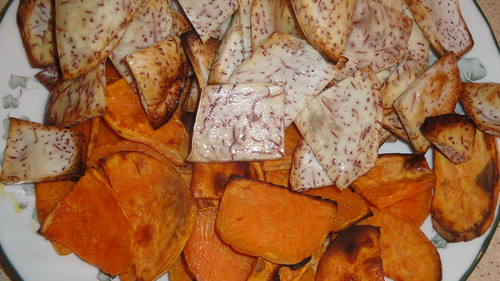 Roasted taro chips and sweet potato chips