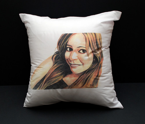lady portrait in colourpencil printed on cushion