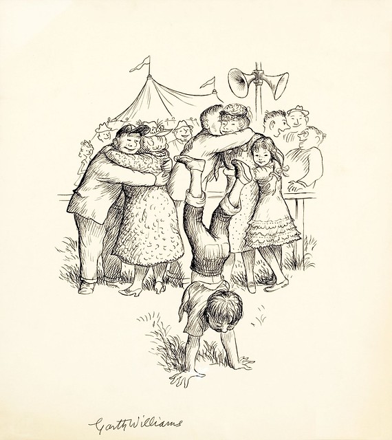 ink sketch: boy handstanding and happy people hugging