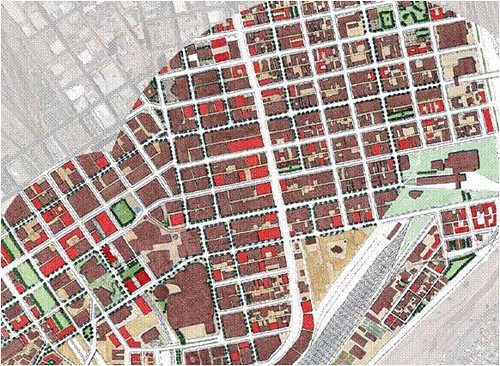 infill in red, existing buildings in brown (by Dover Kohl, from Connecting El Paso)