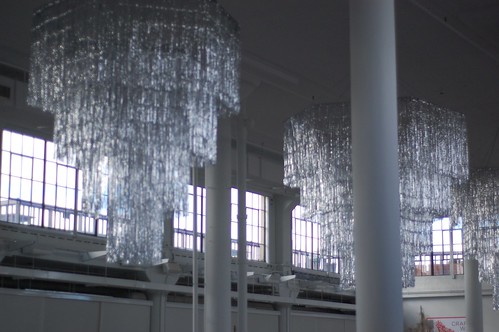 Fab ribbon chandeliers hung in the space.