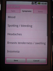 captura de pantalla de menstrual calendar, apartado de sintomas