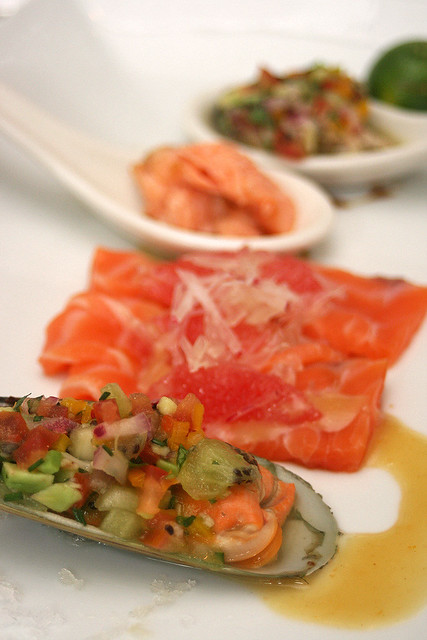 Oceanic plate from Marlborough - Raw NZ king salmon with grapefruit, radish and miso, green shell mussel with VNC Pacific Mai Tai, cilantro, kiwi and avocado salsa
