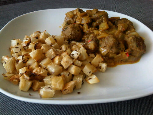 Curry meatballs and roast celeriac