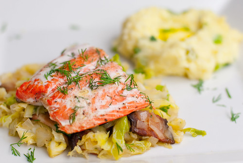 Roasted salmon with bacon & cabbage, and champ