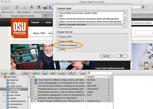 Screenshot of the zotero bibliography options menu with MLA style selected.