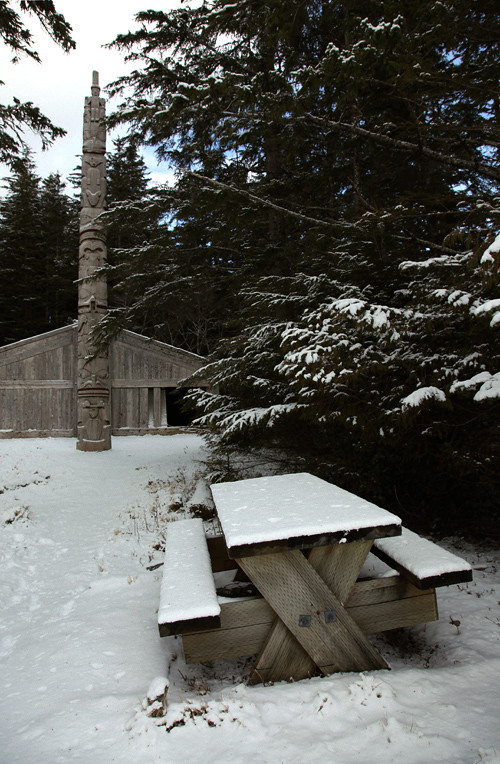 snow but no picnic at Chief Son-i-Hat Whale House, Kasaan, Alaska