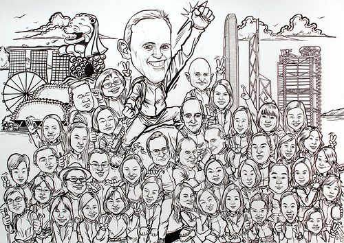 Group caricatures for UBS - pen and brush outline