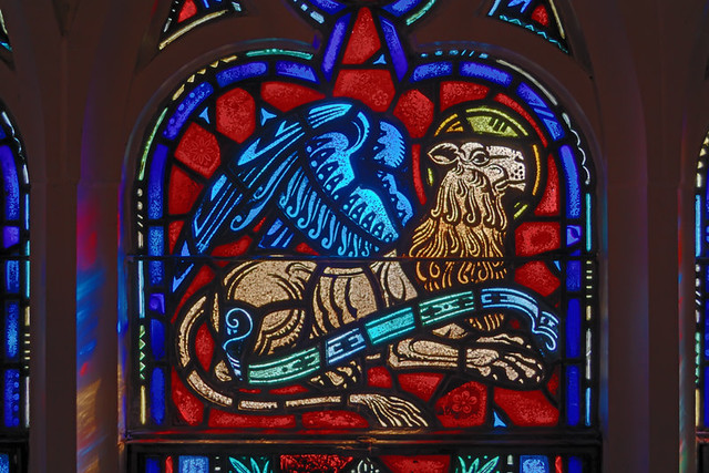 Saint Mary Roman Catholic Church, in Alton, Illinois, USA - detail of stained glass window, lion of Saint Mark