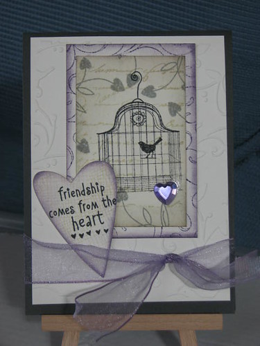 Friendship comes from the heart. used the stamps from HERO ARTS: sentiment, heart flowers CL 157 many hearts. Flourish background envelope pattern birdcage