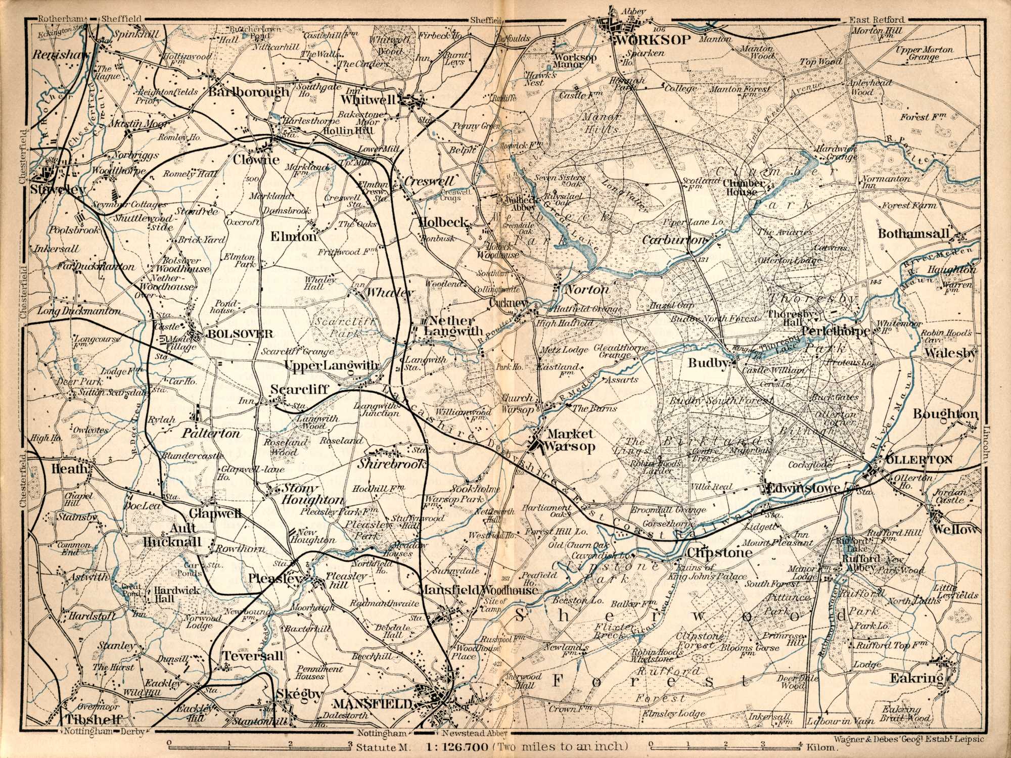 old map Nottinghamshire 1900: 28NW repro SE Mansfield 