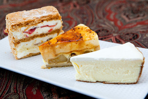 Trio of cake and strawberry mille feuille slices