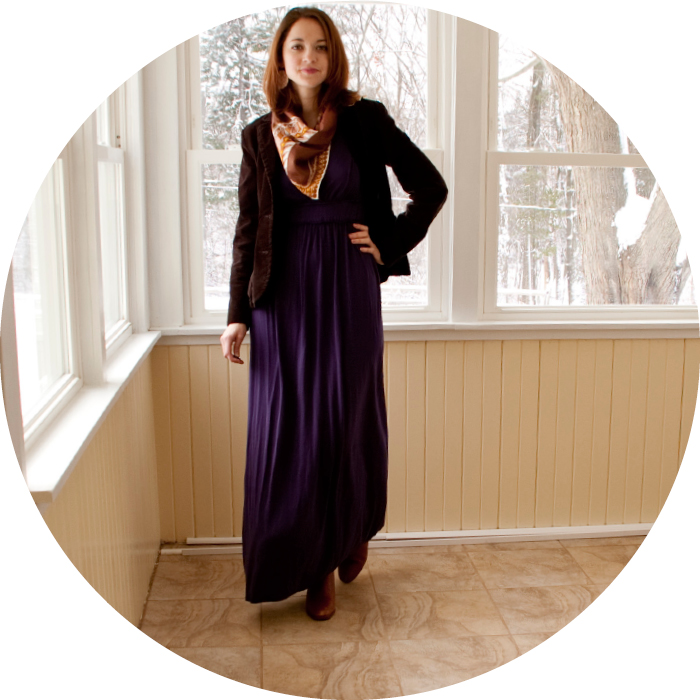 purple maxi dress vintage scarf brown boots riding style dash dot dotty grad student style architecture corduroy blazer h&m max ross cowgirl