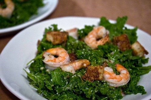 mustard greens caesar with shrimp and anchovy croutons