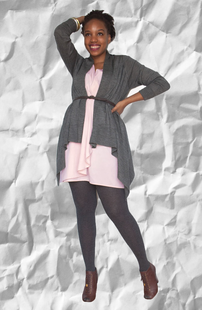 grey flyaway cardigan, pink dress, grey sweater tights, brown peeptoe boots, amrita singh jewelry