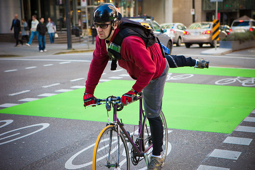 Bicyclist in the new Bike Lanes in Downtown Vancouver