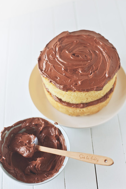 brown butter cake with cinnamon chocolate frosting.
