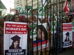 Pasban protests against the kidnapping, abuse and trial of Aafia Siddiqui at the hands of the U.S. government on International Women's Day. Karachi, Pakistan. 08/03/2011