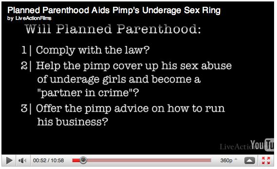 A screenshot of Live Action film's video. In white type on a black background, it reads, Will Planned Parenthood: 1. Comply with the law? 2. Help the pimp cover up his sex abuse of underage girls and become a partner in crime? 3. Offer the pimp advice on how to run his business?