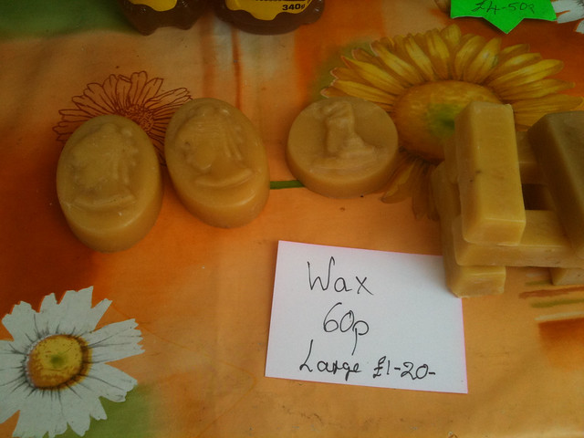 Honey and beeswax on sale at the first Radlett farmers' market in April 2011