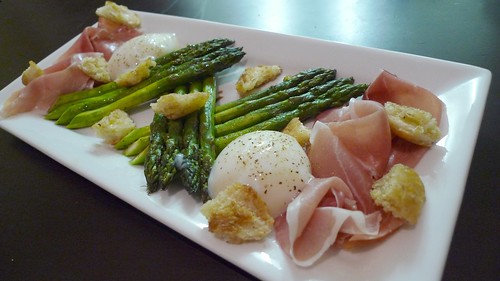 Grilled Asparagus, Prosciutto, 63-degree Egg and Torn Croutons