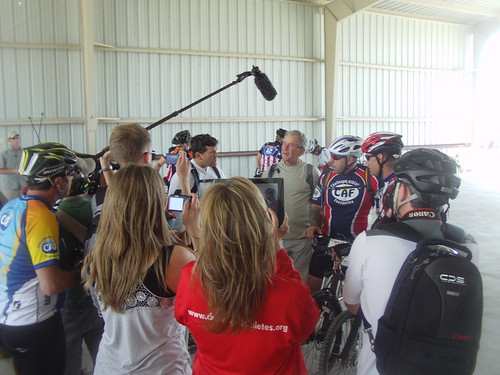 President Bush and some warriors give a pre-ride interview on Day One of the W100