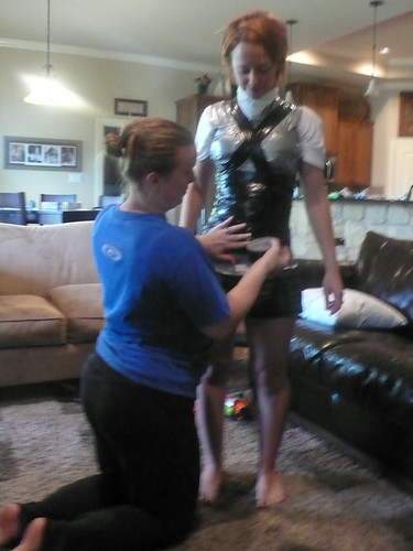 My friend Lisa, helping me to create a duct-tape dress form