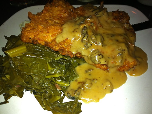 Chicken Fried Pork with cheddar grits and collards.