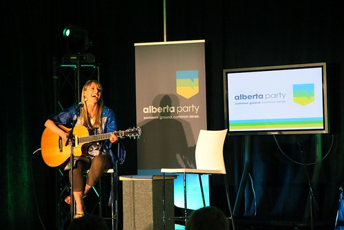 Outgoing Alberta Party interim leader Sue Huff sang a tongue-in-cheek rendition of "Over the rainbow" to participants at the Alberta Party leadership convention at Edmonton's Shaw Conference Centre on May 28, 2011.