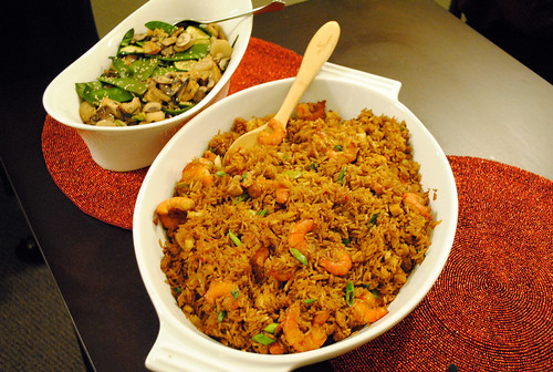 Nasi goreng and simmered snow peas with mushrooms