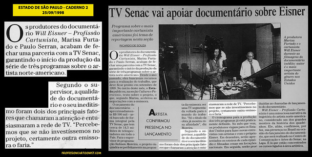 "TV Senac vai apoiar documentário sobre Eisner" - Estado de São Paulo - 25/09/1998