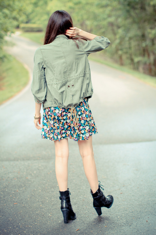 French Connection Floral Print Dress, Guess Combat boots, Marc Jacobs Gold Watch,  Utility Jacket