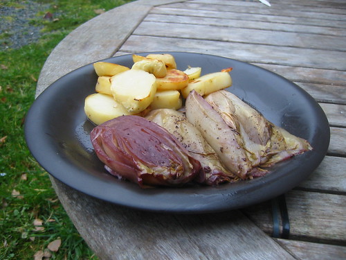 Braised endive and roast potatoes